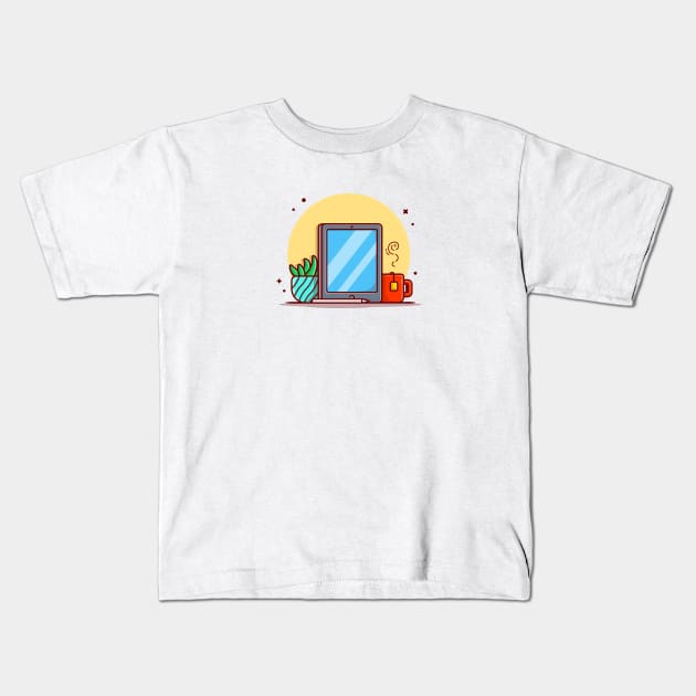 Tablet And Stylus Pencil With Tea And Cactus Cartoon Vector Icon Illustration. Kids T-Shirt by Catalyst Labs